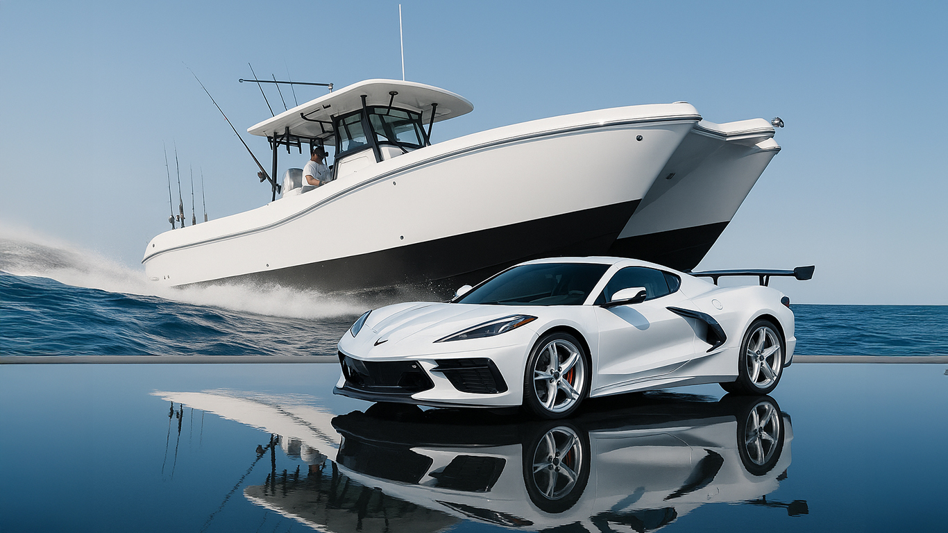 White Corvette sports car with white boat jumping over water in background