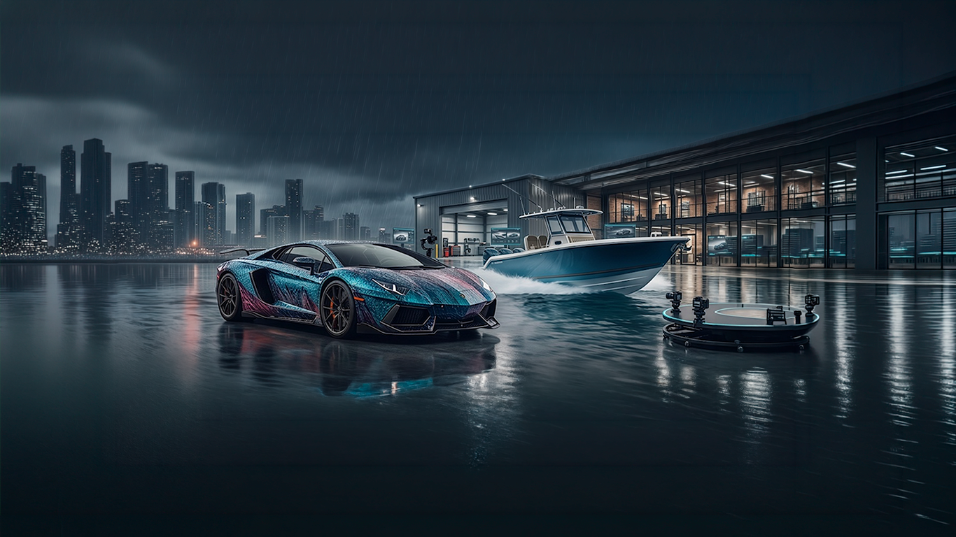 Custom wrapped Lamborghini with teal color-shifting wrap in rain, with boat and marine shop in background, city skyline